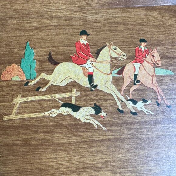 Vintage Set of 4 Buffet Trays Polo Fox Hunt Style Hasko de Lux Lap Trays w Box - Picture 2 of 8